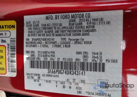 2013 Ford Fusion S from USA, damaged, VIN 3FA6P0G74DR343141